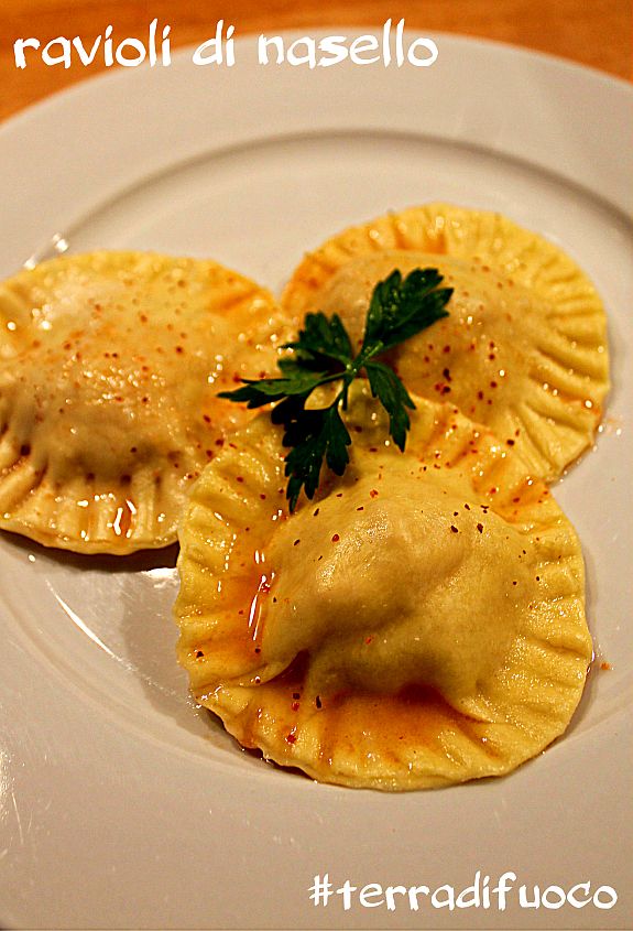 ravioli di nasello con colatura di alici di Cetara