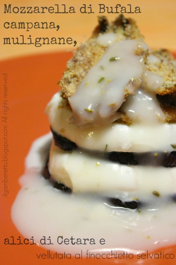 Torrette di Mozzarella di bufala campana dop, con alici di Cetara, mulignana e vellutata ai fiori di finocchietto selvatico